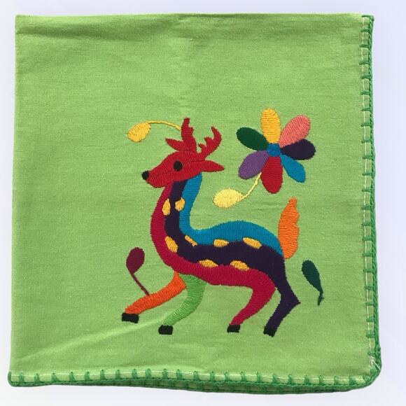 Otomi Napkins 4 Hand Embroidered Set Tenangos Green Deer Mermaid Duck & Fish - Picture 5 of 11